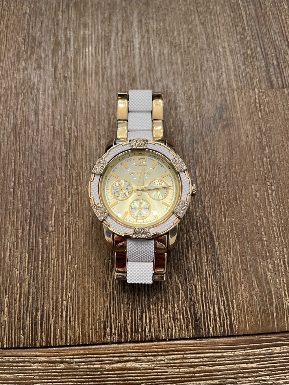 Gruen Women’s Watch Gold and White Chunky Oversized Rhinestones EUC